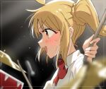  1girl blonde_hair blurry blurry_foreground bocchi_the_rock! collared_shirt drum drumsticks holding holding_drumsticks horn/wood ijichi_nijika instrument long_hair microphone music open_mouth orange_eyes playing_instrument shirt side_ponytail smile solo sweat teeth upper_teeth_only white_shirt 