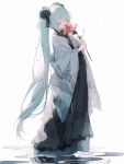  1girl aqua_eyes aqua_hair black_bow bow callimiya flower hatsune_miku highres japanese_clothes kimono long_hair simple_background smelling_flower solo tenka twintails very_long_hair vocaloid white_background white_kimono 