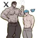  2boys abs bara beard_stubble blue_hair cigarette comparison cross_scar dark-skinned_male dark_skin facial_hair feet_out_of_frame frown highres holding holding_cigarette huge_eyebrows large_pectorals logo looking_at_viewer male_focus mature_male multiple_boys muscular muscular_male navel navel_hair nipples original pectorals personification scar short_hair shy smoking standing stomach strongman_waist stubble thick_eyebrows thick_thighs thighs tiowinwin topless_male twitter twitter_bird unfinished 