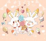  :d ^_^ alternate_color animal_focus blush closed_eyes commentary_request drooling food hanabusaoekaki heart holding holding_food ice_cream no_humans open_mouth orange_background pawpads pokemon pokemon_(creature) rabbit scorbunny shiny_pokemon smile solid_oval_eyes 