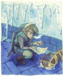 1boy border breath brown_footwear brown_hair compass green_headwear green_tunic holding holding_compass holding_map ice link male_focus map open_mouth pants rvsa shield shield_on_back sidelocks solo squatting sword sword_on_back the_legend_of_zelda the_legend_of_zelda:_a_link_to_the_past treasure_chest weapon weapon_on_back white_border white_pants 
