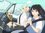  2girls black_hair blonde_hair blue_vest blush bracelet camisole car cellphone collared_shirt commentary driving floating_hair hair_ribbon highres holding holding_phone inoue_takina jewelry long_sleeves looking_at_viewer lycoris_recoil matching_accessory motor_vehicle multiple_girls nishikigi_chisato one_side_up open_clothes open_mouth open_shirt phone ponytail purple_eyes red_eyes red_ribbon ribbon seatbelt see-through see-through_shirt shirt short_sleeves sidelocks smartphone smile spaghetti_strap vest white_camisole white_shirt yomo_(moo_777_moo) 