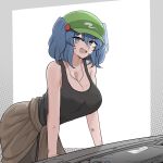  1girl :d black_tank_top blue_eyes blue_hair breasts brown_skirt cleavage commentary english_commentary flat_cap green_headwear hair_bobbles hair_ornament hat highres kawashiro_nitori large_breasts looking_at_viewer mata_(matasoup) open_mouth skirt smile solo stain sweat tank_top touhou two_side_up white_background 