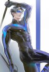  1boy ass bara batman_(series) baton_(weapon) black_bodysuit black_hair blue_bodysuit bodysuit covered_abs dc_comics dick_grayson domino_mask highres holding holding_weapon koumikoumi69 large_pectorals male_focus mask muscular muscular_male nightwing pectorals short_hair solo superhero two-tone_bodysuit weapon 