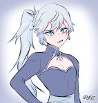  1girl blue_eyes braid cleavage_cutout clothing_cutout commentary crystal_earrings derivative_work earrings english_commentary flat_chest gradient_background grey_hair hand_on_hip highres jewelry long_hair rwby scar scar_across_eye side_ponytail signature solo sytokun weiss_schnee 