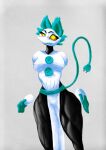 anthro breasts clothed clothing darkner deltarune digital_media_(artwork) dress felid feline female floating_hands fur hair hi_res humanoid looking_at_viewer machine mammal ppmp robot simple_background smile solo tail tasque_manager thick_thighs topwear undertale_(series) wide_hips yellow_eyes 