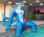  2_penises abs absurd_res alkan anthro blue_body erection fish genitals hi_res kashiver legs_in_water male marine multi_genitalia multi_penis multicolored_body muscular muscular_anthro muscular_male navel nipples nude nude_anthro nude_male pecs penis pink_penis pool shark solo swimming_pool two_tone_body yellow_eyes 