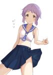  1girl bikini blue_neckerchief blue_sailor_collar blue_skirt blush breasts clothes_lift collarbone commentary hakubaru hand_up idolmaster idolmaster_million_live! looking_at_viewer makabe_mizuki neckerchief pleated_skirt purple_hair sailor_collar short_hair sidelocks skirt skirt_lift small_breasts smile solo swimsuit thighs translation_request wavy_hair white_bikini yellow_eyes 