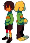  1boy 1other asriel_dreemurr blush_stickers brown_hair brown_pants brown_shorts chara_(undertale) chara_(undertale)_(cosplay) claws closed_eyes closed_mouth cosplay facial_mark frown full_body furry furry_male green_sweater hair_between_eyes hands_in_pockets heart heart_necklace highres jewelry long_sleeves menma_(enaic31) necklace no_nose nostrils own_hands_clasped own_hands_together pants red_eyes shorts simple_background socks sweater undertale white_background white_socks 