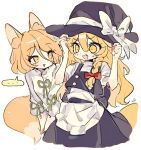  ... 2girls animal_ear_fluff animal_ears apron arms_up black_headwear black_skirt blonde_hair bow braid buttons collared_shirt dot_pupils fang fox_ears fox_girl fox_tail green_ribbon hair_bow hat hat_bow hat_ribbon highres holding holding_clothes holding_hat jacket kirisame_marisa kudamaki_tsukasa long_hair looking_at_another medium_hair multiple_girls open_mouth own_hands_together red_bow ribbon ribbon-trimmed_sleeves ribbon_trim romper shirt short_sleeves side_braid simple_background single_braid skirt skirt_set sleeveless sleeveless_jacket speech_bubble springarashi02 sweatdrop tail touhou waist_apron white_background white_bow white_ribbon white_romper white_shirt witch_hat yellow_eyes 