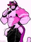  1boy abs absurdres animal_ears armpit_hair ass bara baseball_cap beard bulge bulge_lift candy cat_boy cat_ears cat_tail chest_hair dressing facial_hair feet_out_of_frame food from_side furry furry_male hat highres i&#039;ve_never_seen_a_guy_recreate_this_successfully_tbh_(meme) jockstrap large_pectorals lollipop male_focus male_underwear mature_male meme michopanq muscular muscular_male nipples open_pants original pants pants_lift pectorals pink_fur short_hair solo stomach tail thick_thighs thighs tongue topless_male undersized_clothes underwear white_male_underwear 