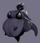  2d_(artwork) anthro belly_folds big_breasts big_butt bikini bikini_top black_clothing black_hair black_leggings black_legwear breasts butt claws clothing collar disembodied_hand dragon duo ear_frill fat_female female frill_(anatomy) grey_background grey_body grey_scales groping_belly hair holding_belly horn huge_belly huge_breasts huge_butt humanoid_pointy_ears leggings legwear looking_at_viewer looking_pleasured monotone_background mostly_nude navel obese obese_anthro obese_female open_mouth overflowing_breasts overweight overweight_anthro overweight_female scales scalie shaded simple_background solo_focus swimwear tail thick_tail thick_thighs unknown_artist wings wobbling 