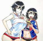  2girls absurdres andou_(girls_und_panzer) bc_freedom_(emblem) bikini black_bikini black_buruma black_eyes black_hair blue_jacket braid buruma closed_mouth commentary eating emblem food food_on_face fork girls_und_panzer grin gym_shirt hand_on_own_hip highres holding holding_food holding_fork jacket looking_at_viewer medium_hair messy_hair midriff multiple_girls nabeyu navel no_pants open_clothes open_jacket pasta pepperoni_(girls_und_panzer) shirt short_hair side_braid smile sports_bikini standing swimsuit track_jacket traditional_media white_shirt 