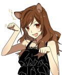  1girl animal_ears bare_shoulders blush brown_hair cat_ears cat_girl commentary_request fang hagiwara_daisuke hori-san_to_miyamura-kun hori_kyouko long_hair looking_at_viewer lowres open_mouth orange_eyes paw_pose simple_background sleeveless solo upper_body white_background 