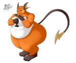  2015 anthro belly big_belly big_butt breasts butt cocoa_(cheesecaker) dessert eating female food fur generation_1_pokemon mammal mouse murid murine nintendo obese obese_anthro obese_female orange_body orange_fur overweight overweight_anthro overweight_female pikachu pokemon pokemon_(species) pudding raichu rodent simple_background solo standing thick_thighs white_background yina 