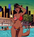  anthro background_character beverage bikini breasts brown_body brown_fur callmewritefag canada canadian_flag catherine_york_(callmewritefag) clothed clothing colored digital_drawing_(artwork) digital_media_(artwork) domestic_cat fan_character felid feline felis female flag_bikini flag_clothing flag_print flag_swimwear fur hair hanna-barbera hi_res looking_at_viewer mammal maple_leaf mature_anthro mature_female open_mouth outside poolside print_bikini print_clothing print_swimwear red_ensign shaded sky skyline smile solo swat_kats swimming_pool swimwear tail union_jack water 