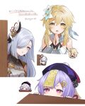  3girls :o absurdres black_nails blonde_hair blush chibi chibi_inset coin_hair_ornament detached_sleeves dress flower genshin_impact genshin_impact_sticker_redraw_(meme) grey_hair hair_between_eyes hair_flower hair_ornament hair_over_one_eye hat highres long_hair looking_at_viewer lumine_(genshin_impact) meme multiple_girls multiple_views nail_polish ofuda palms_together parted_lips peeking_out pink_eyes purple_hair purple_headwear qing_guanmao qiqi_(genshin_impact) reference_inset shenhe_(genshin_impact) short_hair_with_long_locks simple_background twitter_username unapoppo white_background white_dress white_flower 