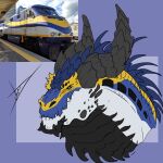  2023 2_horns belly black_belly black_body black_horn black_scales black_spikes blue_body blue_eyes blue_scales blue_spines canada canadian chin_spikes countershading diesel-electric_locomotive digital_drawing_(artwork) digital_media_(artwork) dorsal_spikes dragon electro-motive-diesel emd_f59 exposed_teeth facial_spikes feral head_spikes hi_res horn how_to_dragon_your_train hybrid jaw_spikes living_machine living_train living_vehicle locomorph locomotive machine male meme multicolored_body photo purple_background reference_image reptile ridged_horn scales scalie simple_background solo spikes spikes_(anatomy) spines stripes teeth train underbite vamp_arts vehicle wavy_horn west_coast_express white_body white_scales yellow_body yellow_scales yellow_stripes 