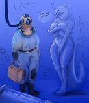  ambiguous_gender anthro big_breasts breast_squish breasts clothed clothing covering covering_breasts covering_crotch dialogue diver diving_mask doctordj duo eel female fish fully_clothed hi_res human mammal marine mask non-mammal_breasts nude pipe question speech_bubble squish toolbox underwater water 