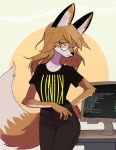  absurdres animal_ears black_shirt blue_eyes brown_pants clothes_writing desk fox_ears fox_girl fox_tail glasses highres jewelry linux merryhime monitor necklace on_desk pants shirt sitting sitting_on_desk system_console tail transgender_flag xenia_(linux) 