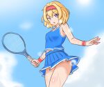  1girl adapted_costume alice_margatroid ass blonde_hair blue_eyes blue_shirt blue_skirt blue_sky commission highres holding_tennis_racket mizusoba shirt short_hair skeb_commission skirt sky sleeveless sleeveless_shirt solo sportswear steaming_body sunlight sweat tennis_uniform thighs touhou 