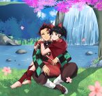  1boy 1girl absurdres barefoot black_hair bow cape cherry_blossoms closed_eyes couple demon_girl full_body grass hair_bow han&#039;you_no_yashahime hands_on_shoulder highres hug inuyasha japanese_clothes kamado_tanjirou kimetsu_no_yaiba moroha ponytail river sitting sitting_on_lap sitting_on_person smile water waterfall 