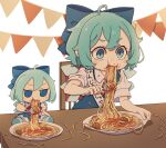  1girl absurdres ahoge blue_bow blue_dress blue_eyes blue_hair blush_stickers bow chair cirno cirno_day collared_shirt dress eating fairy food food_on_clothes food_on_face fork fumo_(doll) hair_bow highres holding holding_fork ice ice_wings kame_(kamepan44231) pasta pinafore_dress shirt short_hair short_sleeves sitting sleeveless sleeveless_dress solo touhou white_shirt wings 