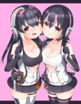  2girls african_penguin_(kemono_friends) bare_shoulders black_hair bra closed_mouth drias elbow_gloves gloves highres humboldt_penguin_(kemono_friends) kemono_friends kemono_friends_v_project kneehighs long_hair looking_at_viewer microphone multiple_girls open_mouth penguin_girl penguin_tail red_eyes short_hair simple_background skirt sleeveless socks tail underwear virtual_youtuber 