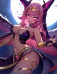  1girl armpits backlighting bangle bare_shoulders bracelet breasts brooch circlet cleavage clickdraws collar dragon_ears dragon_girl dragon_horns dragon_tail dragon_wings fangs forked_tongue full_moon gradient_skin highres horns indie_virtual_youtuber jewelry large_breasts long_hair looking_at_viewer midriff moon multiple_horns navel open_mouth pelvic_curtain slit_pupils smile solo stomach tail thighlet thighs tongue trickywi v-shaped_eyebrows virtual_youtuber wings 