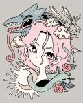  1girl bright_pupils closed_eyes cloud creature crescent_moon flower garouma grey_background hair_between_eyes highres looking_at_viewer moon original pink_eyes pink_hair portrait red_flower short_hair simple_background smile snake solo star_(symbol) thorns tongue tongue_out white_pupils 