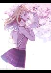  1girl ahoge akamatsu_kaede backpack bag beamed_eighth_notes blonde_hair breasts danganronpa_(series) danganronpa_v3:_killing_harmony hair_ornament highres long_hair long_sleeves musical_note musical_note_hair_ornament musical_note_print nana_hiyo open_mouth pink_sweater_vest pleated_skirt randoseru shirt skirt smile solo sweater_vest white_shirt 