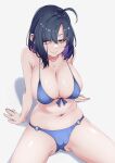  1girl absurdres ahoge arm_support ass_visible_through_thighs bikini blue_bikini blue_hair breasts character_request cleavage commentary_request danboru_(jdanboru1182) dark_blue_hair from_above hair_between_eyes half-closed_eyes highres huge_breasts jewelry legs_apart looking_at_viewer medium_hair naughty_face navel necklace o-ring o-ring_bottom shadow simple_background sitting solo swimsuit upturned_eyes white_background 