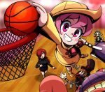  4girls ball basketball_(object) basketball_court bloody_marie_(skullgirls) blurry blurry_background blush commission dress extra_eyes eye_socket glaring grey_hair hair_ornament hat highres holding holding_ball hungern_(skullgirls) indoors jumping long_hair looking_at_another maid_headdress mechanical_arms multiple_girls parasoul_(skullgirls) peacock_(skullgirls) playing_sports red_eyes red_hair second-party_source sharp_teeth short_hair skull_hair_ornament skullgirls smile surprised teeth top_hat turtleneck twintails yellow_dress yellow_headwear yellow_raincoat zerotosix06 