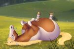  belly big_belly detailed_background digital_media_(artwork) dreamworks equid equine female feral fur grass_field hair hi_res horse hyper lying mammal mane markings nneru_em on_back outside overweight raining solo spirit:_stallion_of_the_cimarron tail weights white_body white_fur 