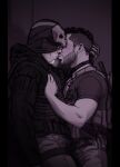  2boys bara beard_stubble blush breath call_of_duty call_of_duty:_modern_warfare_2 captoraart couple denim feet_out_of_frame ghost_(modern_warfare_2) hand_on_another&#039;s_chest highres imminent_kiss in_locker jeans male_focus mask mask_pull mature_male monochrome multiple_boys mustache_stubble pants pectorals pink_theme playing_with_another&#039;s_hair short_hair sideburns skull_mask soap_(modern_warfare_2) yaoi 