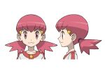  1girl buttons collarbone eyelashes hair_ornament hairclip jacket long_hair looking_at_viewer multiple_views pink_eyes pink_hair pokemon pokemon_(game) pokemon_hgss simple_background upper_body white_background white_jacket whitney_(pokemon) yoshi_(moco1) 