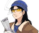  1boy beanie black_hair blue_headwear bomber_jacket brown_jacket cigarette closed_mouth commentary_request frown hat holding holding_newspaper inudori itou_kaiji jacket kaiji long_hair looking_at_viewer male_focus medium_bangs newspaper orange-tinted_eyewear rolled_up_newspaper scar scar_on_cheek scar_on_face simple_background smoke smoking solo sunglasses tinted_eyewear upper_body v-shaped_eyebrows white_background 