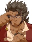  1boy adjusting_eyewear bara bespectacled chest_hair_peek closed_eyes clothes_pull dark-skinned_male dark_skin dragalia_lost glasses highres hot large_hands large_pectorals long_sideburns male_focus mature_male medium_hair muscular muscular_male pectoral_cleavage pectorals piikeisandaa shirt_pull sideburns sketch solo sweatdrop valyx_(dragalia_lost) 