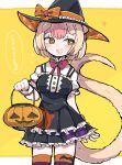  1girl absurdres animal_ears anteater_ears anteater_tail blonde_hair bow bowtie brown_eyes dress extra_ears halloween halloween_costume hat highres kanmoku-san kemono_friends looking_at_viewer short_hair silky_anteater_(kemono_friends) simple_background skirt socks solo tail thighhighs yellow_background 