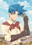  1boy ashley_winchester belt blue_eyes blue_hair brown_gloves closed_mouth cloud dark_blue_hair fateline_alpha gloves looking_at_viewer male_focus parted_bangs red_scarf scarf shirt smile solo spiked_hair upper_body white_shirt wild_arms wild_arms_2 