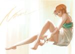  1girl artist_name bare_legs bare_shoulders barefoot bracelet character_name closed_mouth commentary dress from_side full_body hair_behind_ear jewelry knee_up kyoterii light_smile looking_to_the_side nami_(one_piece) one_piece orange_eyes orange_hair short_hair sitting solo symbol-only_commentary white_dress 
