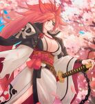  1girl absurdres amputee baiken big_hair black_jacket black_kimono breasts cherry_blossoms eyepatch facial_tattoo guilty_gear guilty_gear_xrd highres jacket jacket_on_shoulders japanese_clothes kataginu katana kimono large_breasts long_hair long_sleeves looking_at_viewer multicolored_clothes multicolored_kimono one-eyed open_clothes open_kimono petals ponytail red_eyes red_hair samurai scar scar_across_eye scar_on_face smile sword tattoo torn_sleeve truejekart weapon 
