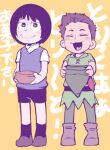  2boys :3 aged_down atsushi_(osomatsu-san) black_hair black_shorts blush_stickers boots bowl brown_hair closed_eyes dark-skinned_male dark_skin green_tunic hat hat_feather holding holding_bowl holding_clothes holding_hat lowres male_focus mikado_(jokeraj) multiple_boys open_mouth osomatsu-san osomatsu-san_the_movie shorts smile sweater_vest yanagita_(osomatsu-san) yellow_background 