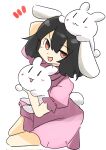  1girl :d animal animal_ears animal_on_head black_hair dress highres holding holding_animal inaba_mob_(touhou) inaba_tewi kyoroniki looking_at_viewer on_head open_mouth pink_dress pink_eyes rabbit rabbit_ears rabbit_girl rabbit_tail short_hair short_sleeves simple_background smile solo tail touhou white_background 