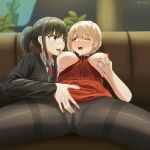  2girls absurdres artist_name black_hair blonde_hair blush breasts couch dress eye_contact grabbing_own_breast highres indoors inoue_takina large_breasts licking licking_nipple linhoct11 long_hair looking_at_another lycoris_recoil multiple_girls nail_polish necktie nishikigi_chisato official_alternate_costume official_alternate_hairstyle one_eye_closed open_mouth orange_eyes pantyhose ponytail purple_eyes pussy_juice_stain red_dress saliva suit teeth tongue tongue_out upper_teeth_only yuri 