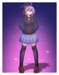  100_percent_orange_juice 1girl averageairhead black_thighhighs full_body hands_in_pockets head_tilt highres hood hood_up hoodie light_smile long_sleeves looking_at_viewer purple_eyes purple_hair short_hair skirt solo suguri_(character) thighhighs zettai_ryouiki zipper_pull_tab 