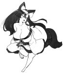  1girl :d animal_ear_fluff animal_ears bare_legs bare_shoulders barefoot bent_over blush breasts cleavage collarbone commentary_request dot_nose dress fang full_body greyscale hair_between_eyes happy highres himajin_noizu huge_breasts imaizumi_kagerou long_hair looking_to_the_side monochrome off-shoulder_dress off_shoulder open_mouth running skin_fang smile solo tail toenails toes touhou very_long_hair wolf_ears wolf_tail 