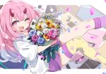  1girl :d blurry blurry_background blush bouquet broken_horn colored_tips commentary_request confetti highres horns indie_virtual_youtuber kanehira_ame long_hair looking_at_viewer multicolored_hair one_eye_closed pink_eyes pink_hair shirt shorts single_thighhigh smile solo thighhighs totomono virtual_youtuber white_shirt yellow_thighhighs 