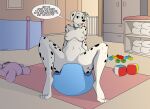  101_dalmatians absurd_res anthro breasts canid canine canis dalmatian disney domestic_dog female feral hi_res implied_scat jerrert mammal nursery perdita potty potty_chair potty_time potty_training solo toy 