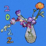  2022 blue_background flower highres kgeroua no_humans orange_flower original pink_flower purple_flower still_life vase 